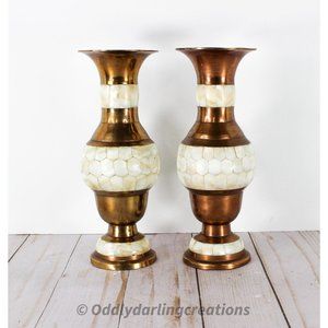 2 Vintage Brass Vase with Mother Of Pearl Inlay Abalone Shell Boho Home Decor